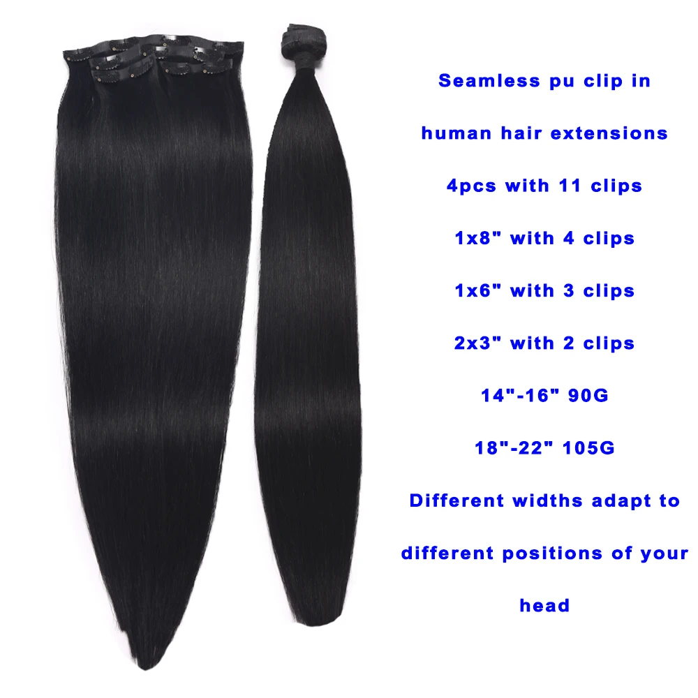 Extensions de cheveux humains à clipser sans couture, extensions de cheveux à clipser, trame PU invisible, 4 pièces, 11 clips, 90-110g, 14-22 pouces