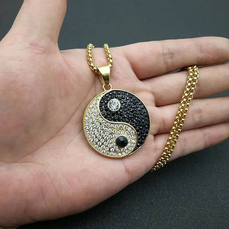 Hip Hop Iced Out Bling Gossip Yin Yang Aumlet Pendant Necklace Gold Silver Color Stainless Steel Chains For Women Men Jewelry image 2