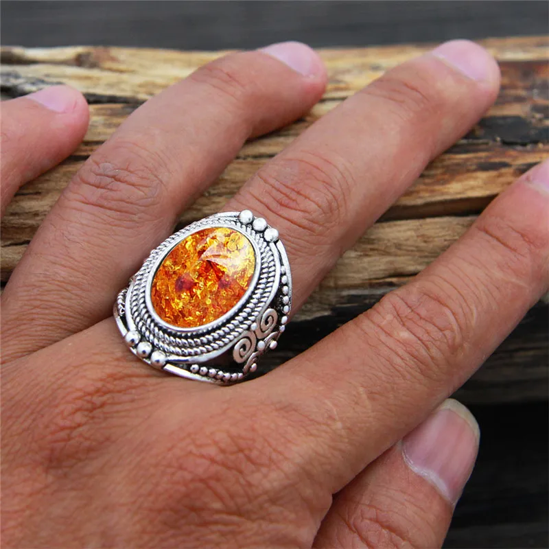 Oval Resin Simulated Ambers Rings For Women Flower Plant Antique Silver Plated Rings Fashion Jewelry TR681