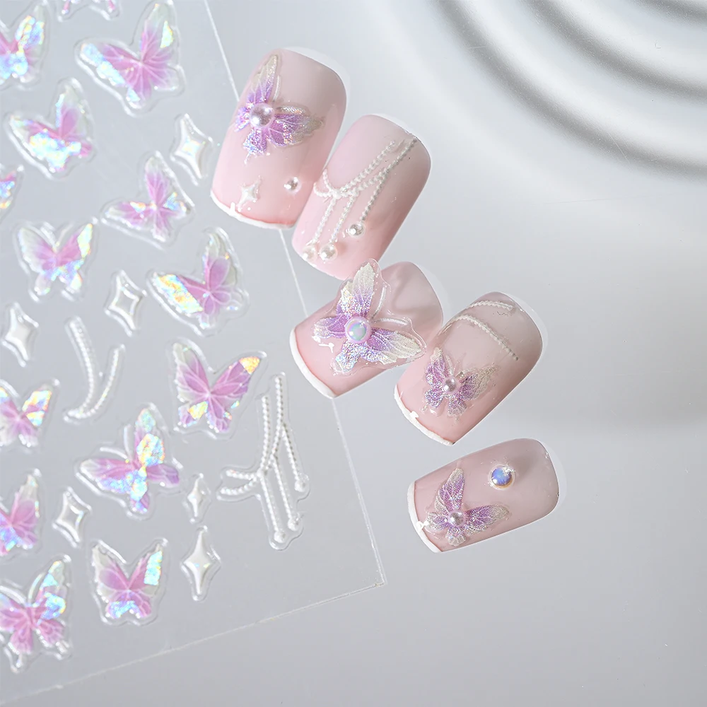 1Pcs Aurora Shell Light Butterfly Nails Stickers Glitter Pink Flowers Self Adhesive Slider Kawaii Butterflies Manicure Decals &# image 5