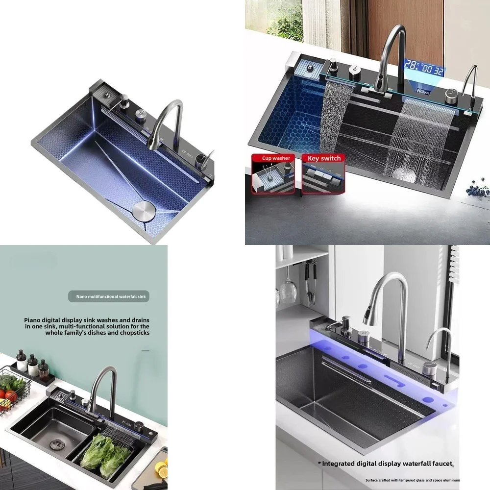 

stainless steel nano multifunctional vegetable basin super thick whale kitchen sink waterfall single slot digital display