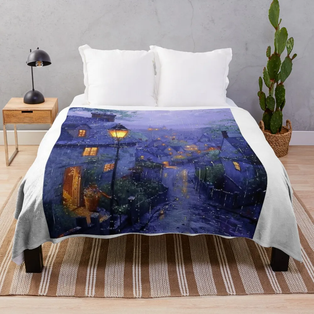 

Twilight Village in the Rain Oil Landscape Painting Throw Blanket blankets ands For Sofa Thin Vintage Luxury Throw Blankets