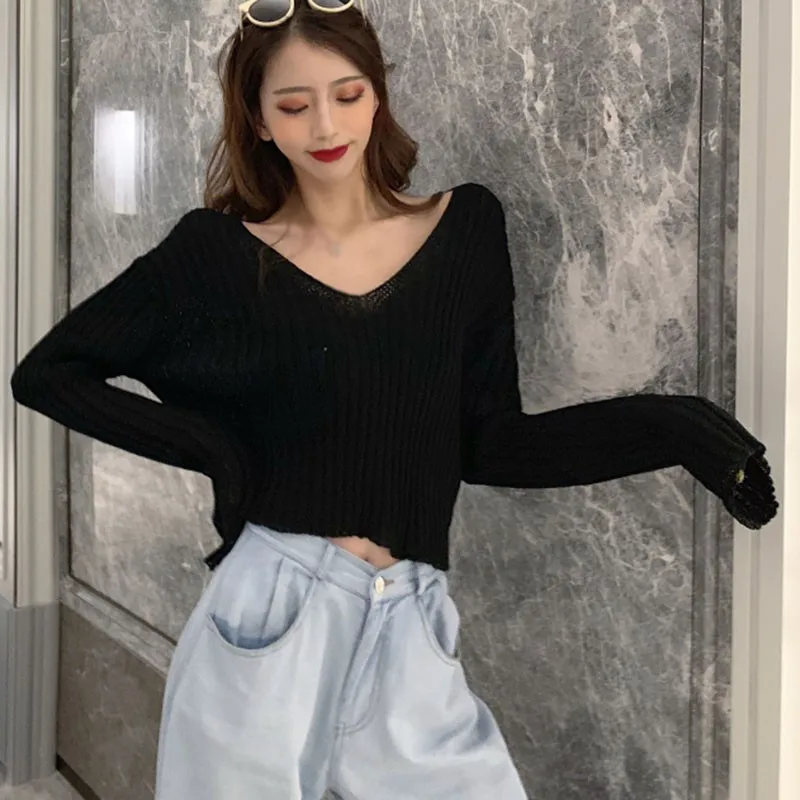 Thin Loose Lazy Long-sleeved Short Solid-color Simple Sweater 3 Colors Women Pullovers Sweaters