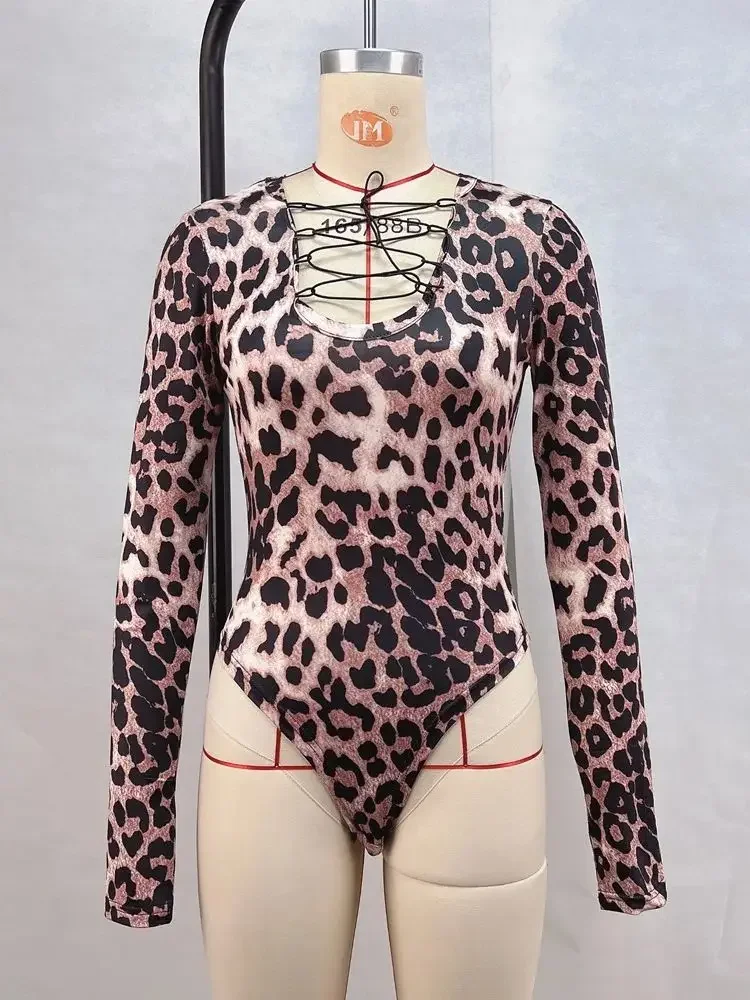 

Leopard Print Long Sleeve Open Crotch Bodysuit Deep V-neck Lace Up Bandage Catsuit Tights Hot Sexy Body Teddies Clubwear Leotard