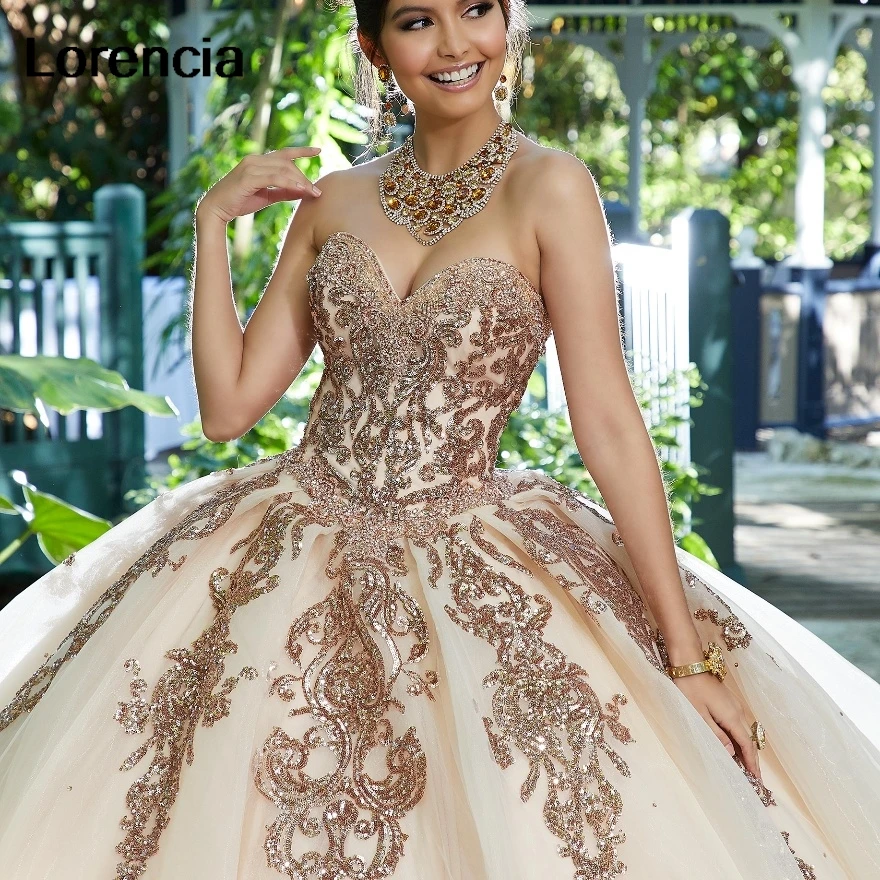 Customized Rose Gold Quinceanera Dress Detachable Sleeve Lace Applique Beading Mexican Sweet 16 Dress Vestidos De 15 Años YQD802