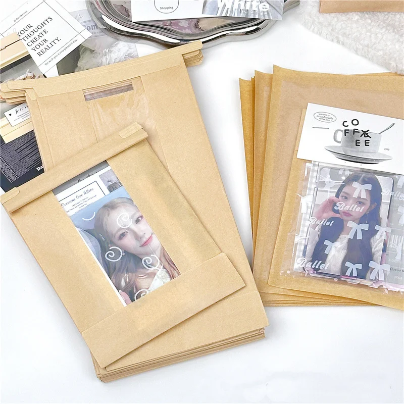 500Pcs/Lot Brown Window Rolled Edge Packaging Bag Postcard Small Card Bag