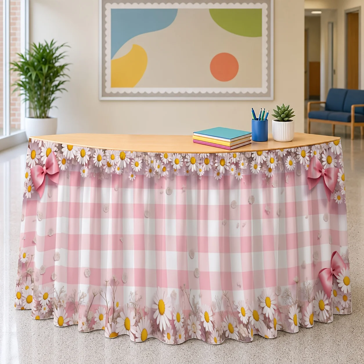2D flat polyester table skirt 1 piece pink plaid