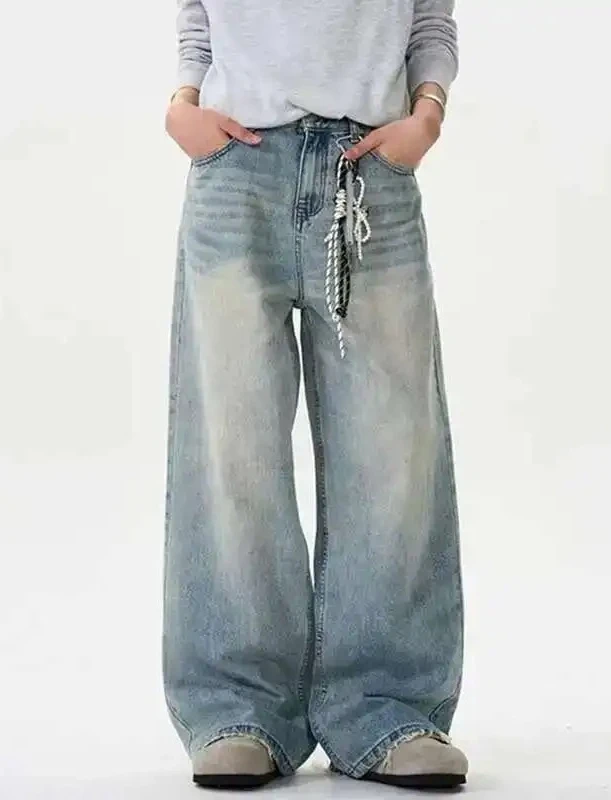 

Мужские потертые джинсы с эффектом, однотонные летние мужские брюки, свободные широкие брюки, повседневные прямые усы