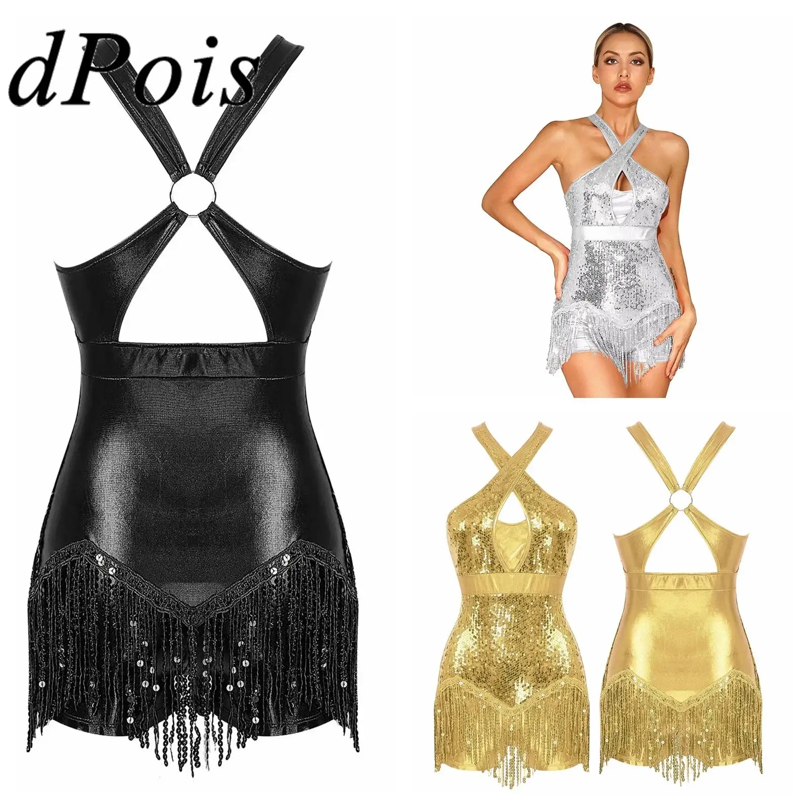 WomenTassel Leotard Latin Dance Dress Sequins Fringed Bodysuit Ballroom Prom Tango Cha Cha Rumba Dresses Performance Costumes