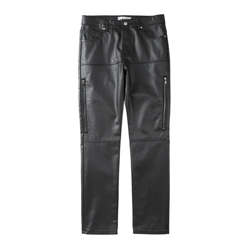 

High Street Instagram Same Style Trendy Black Waxed Zip-Up Casual Trousers Denim Pants American Trendy Streetwear