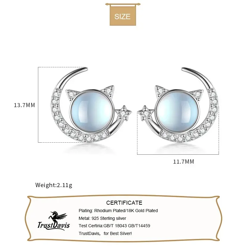 TrustDavis Real 925 Sterling Silver Moon Cat Moonstone Dazzling CZ Stud Earring For Women Wedding Fine S925 Jewelry DA2917