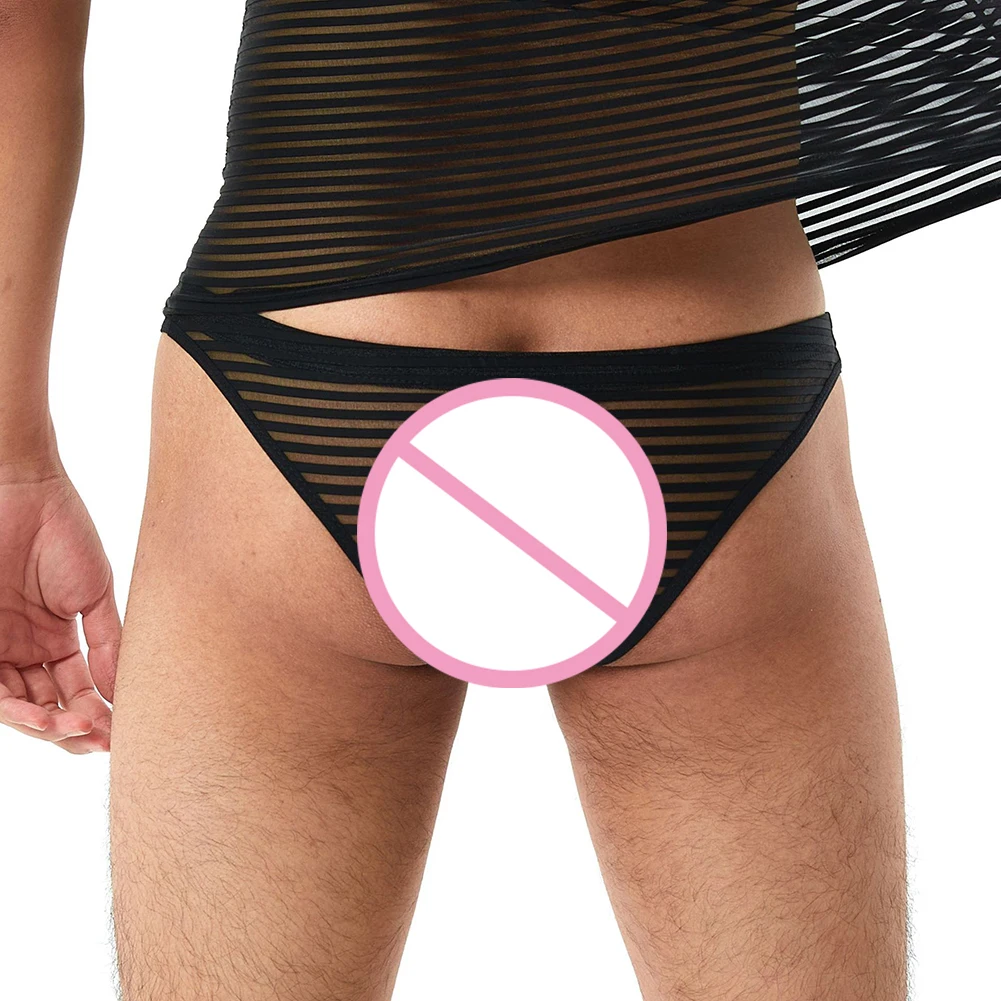 Men\'s Sexy Soft Breathable Underwear Ultra Thin See Through Striped Panties Underpants Low Waist Man Briefs Shorts