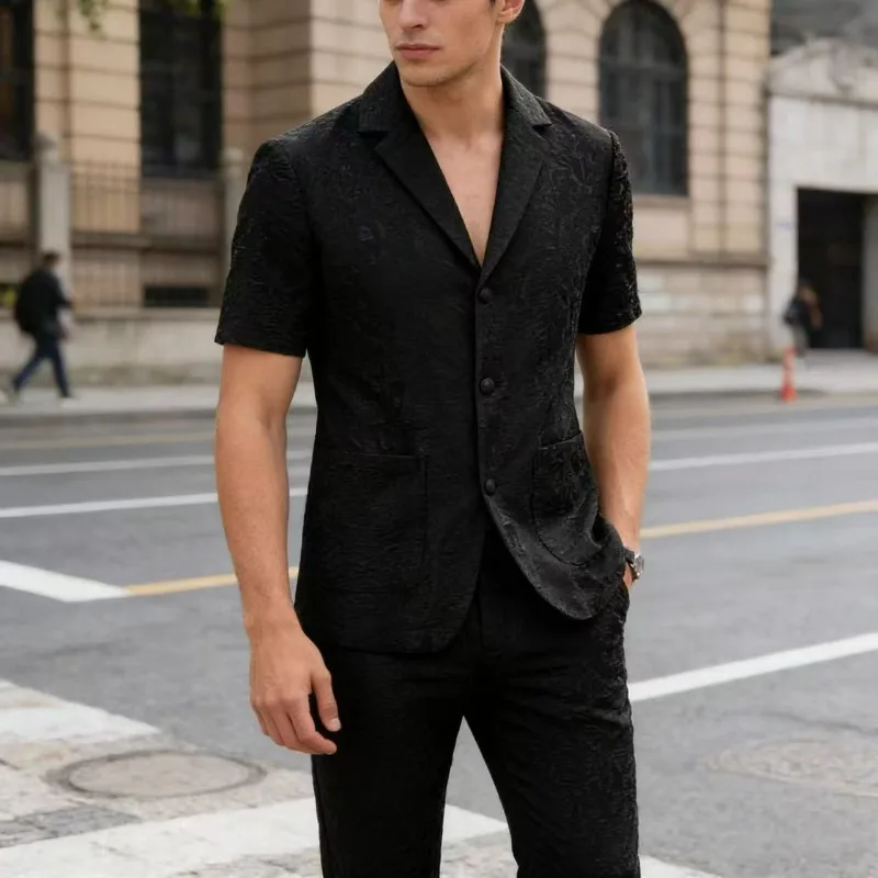 KIDWHXR Summer Man Suit Set Korean Thin Slim Short Sleeve Male 2-piece Outfit Men Single-breasted Blazer Elastic Waist Pant