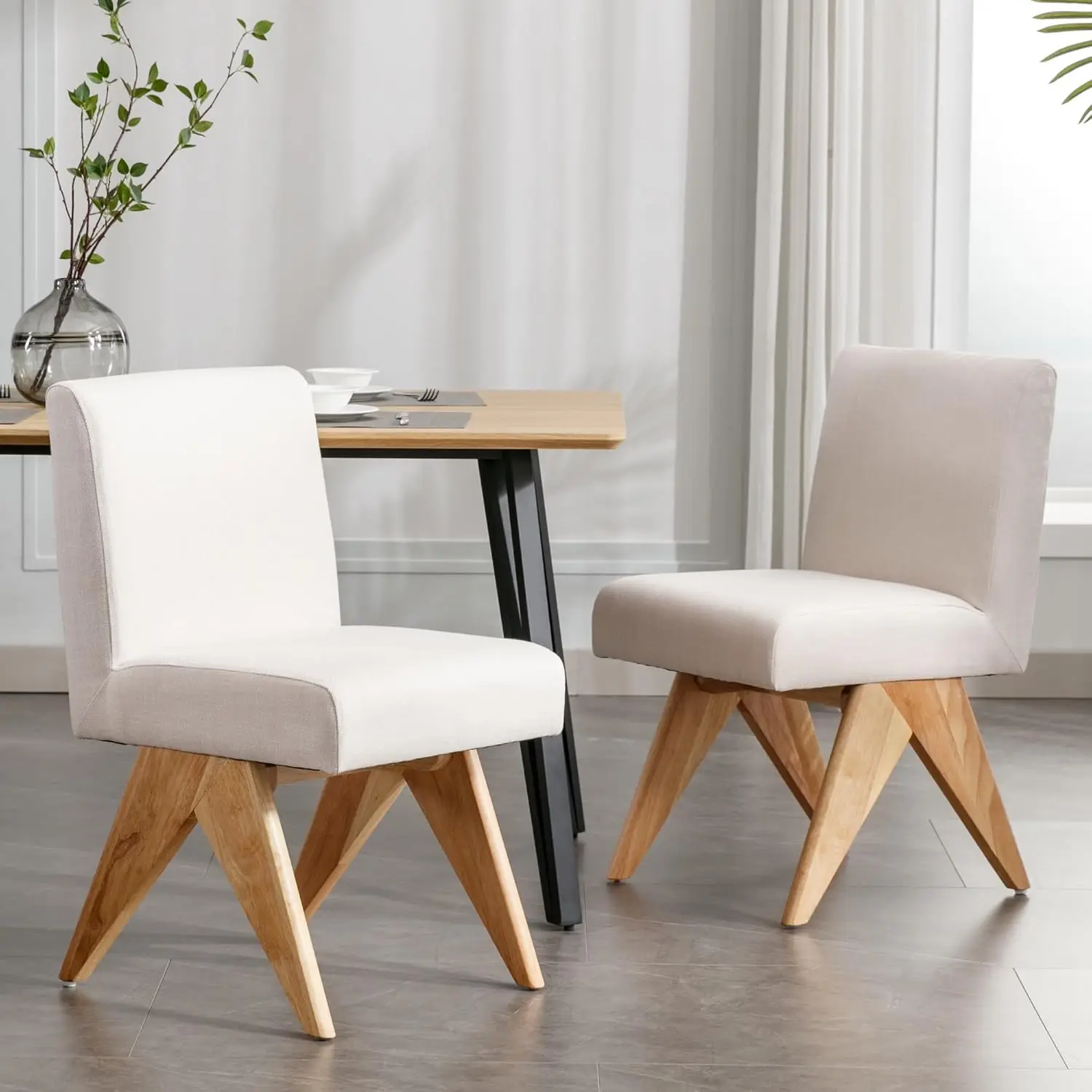 Mid  Modern Farmhouse Dining Chairs Set Of 2, Upholstered Armless Kitchen Chairs With Back And Wooden Legs, Linen Beige