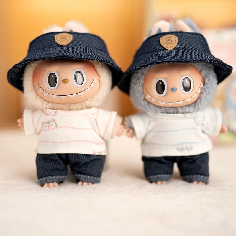 17cm Cute Mini Plush Doll's Clothes Outfit Accessories For Labubu Doll Hat Striped T-shirt And Rolled Jeans Three-piece Set Gift