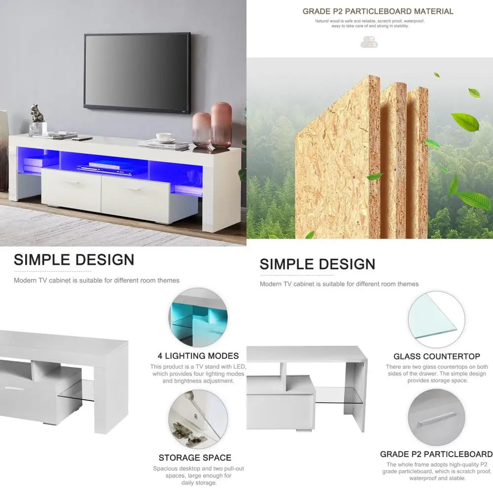 LED TV Stand for 75 Inch TVs, High Gloss Entertainment Center with Storage Drawer, Living Room Console Table, Bedroom Media Furn