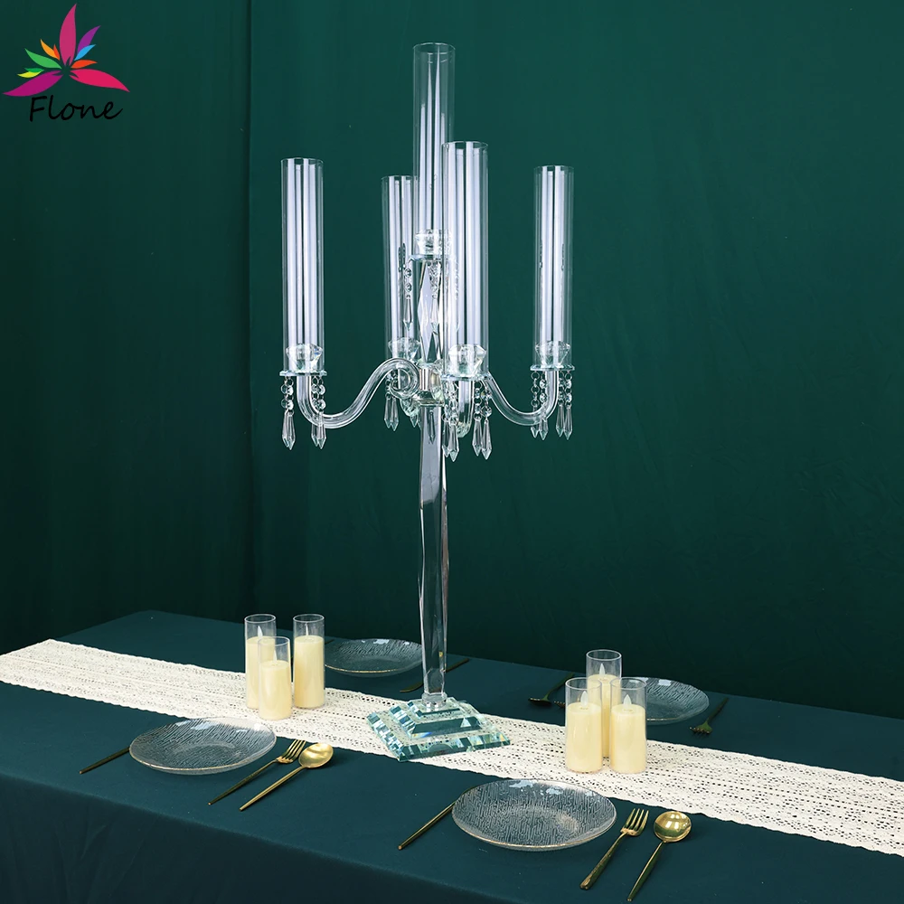 

Wedding Decoration Centerpieces for Tables 5arms Crystal Candlestick 2pcs/set Clear Candelabra Candle Holder Party Decor Props