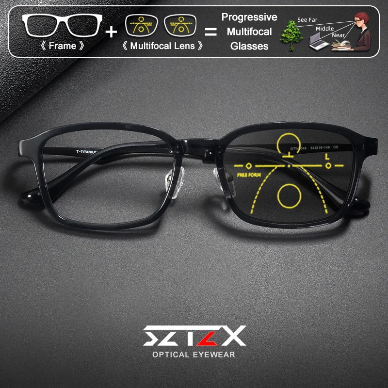 

SZTZX Retro Titanium Square New Design Frame Prescription Glasses Men Acetate Anti Blue Ray Photochromic Progressive Eyeglasses