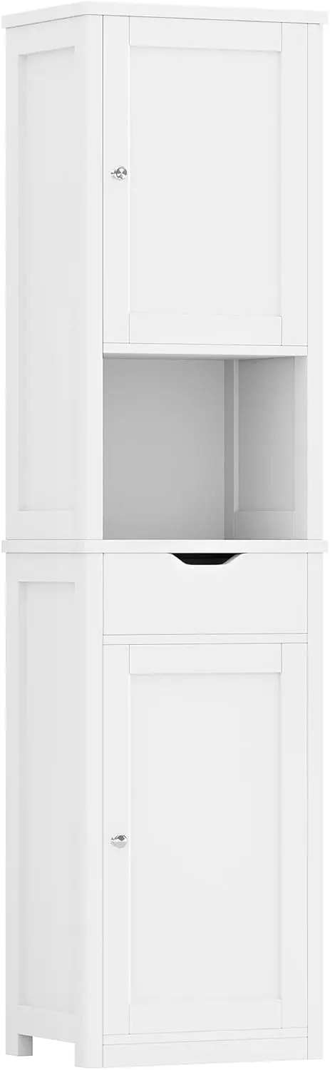 

Tall Slim Corner Bathroom Cabinet with Doors, Drawer & Adjustable Shelves for Small Space, White Freestanding Organizer