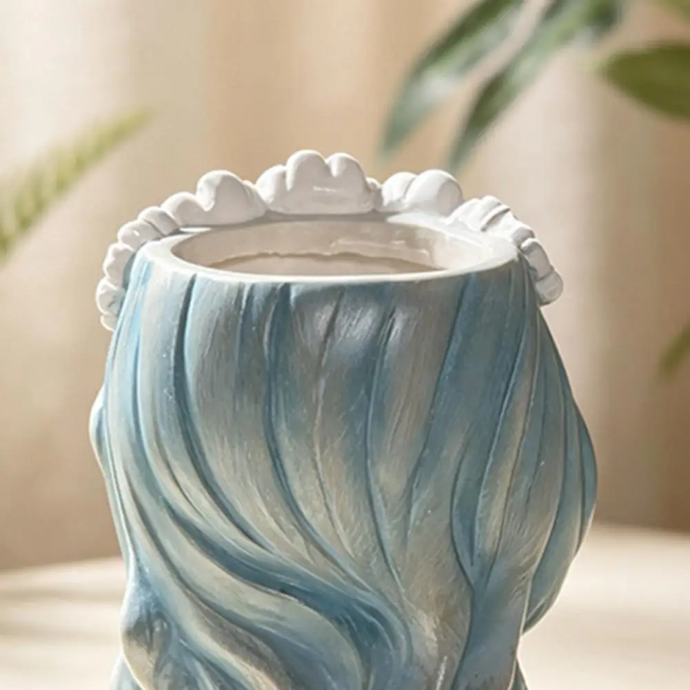 Cute Girl Planter for Indoor Plants Decorative Desktop Plant Container Cute Girl Planter with Blue Hair Garland for Succulents