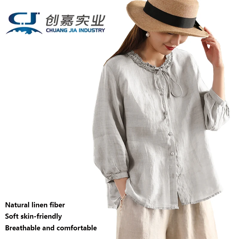 

Natural Pure Linen Women's Shirt, Orange Three-quarter Sleeves, Black Ear Collar Tie, Elegant Temperament, Comfortable and Cool