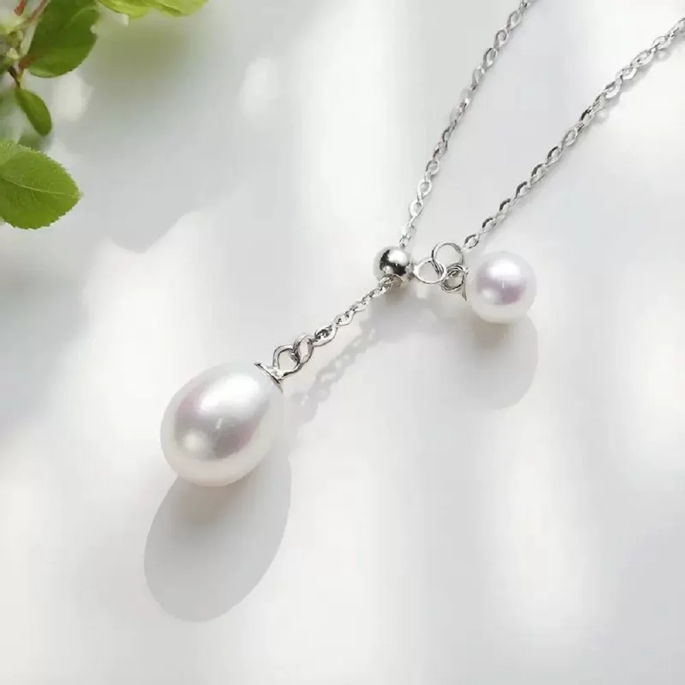 Natural Pearl Pendant AAA8-10mm Double Pearl Pendant 925s Chain Adjustable Clavicle Necklace