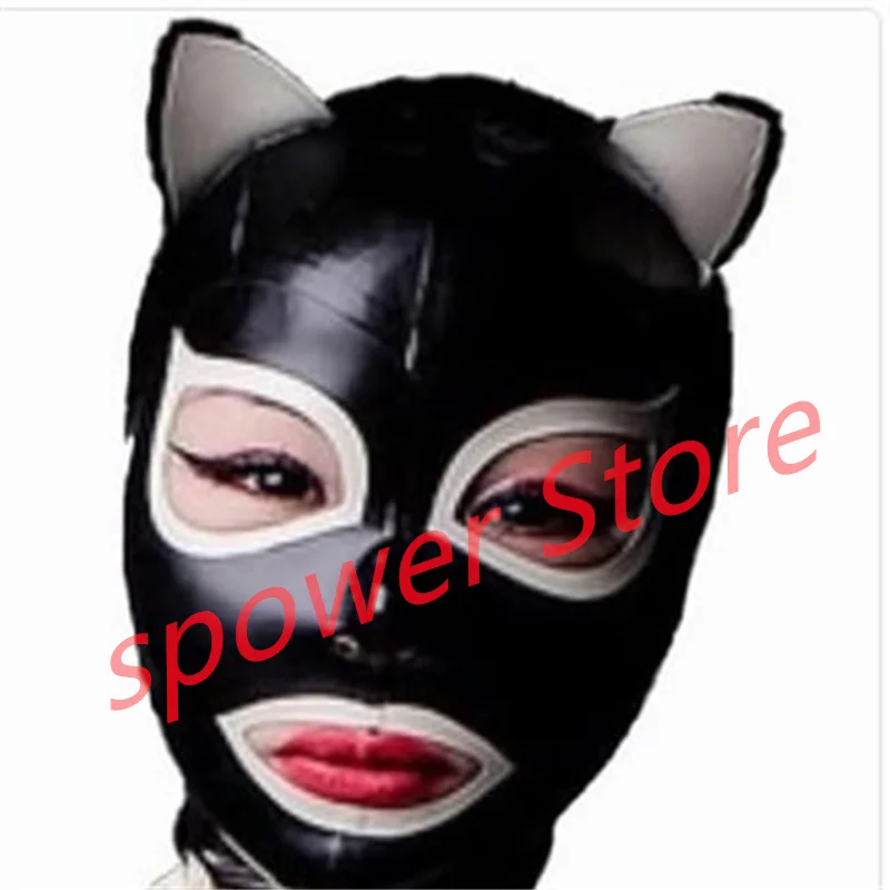 

Natural Latex Full Head Latex Hoods Rubber Mask Cat Ear Fetish Halloween Cosplay Costumes Back Zip Club Wear for Women
