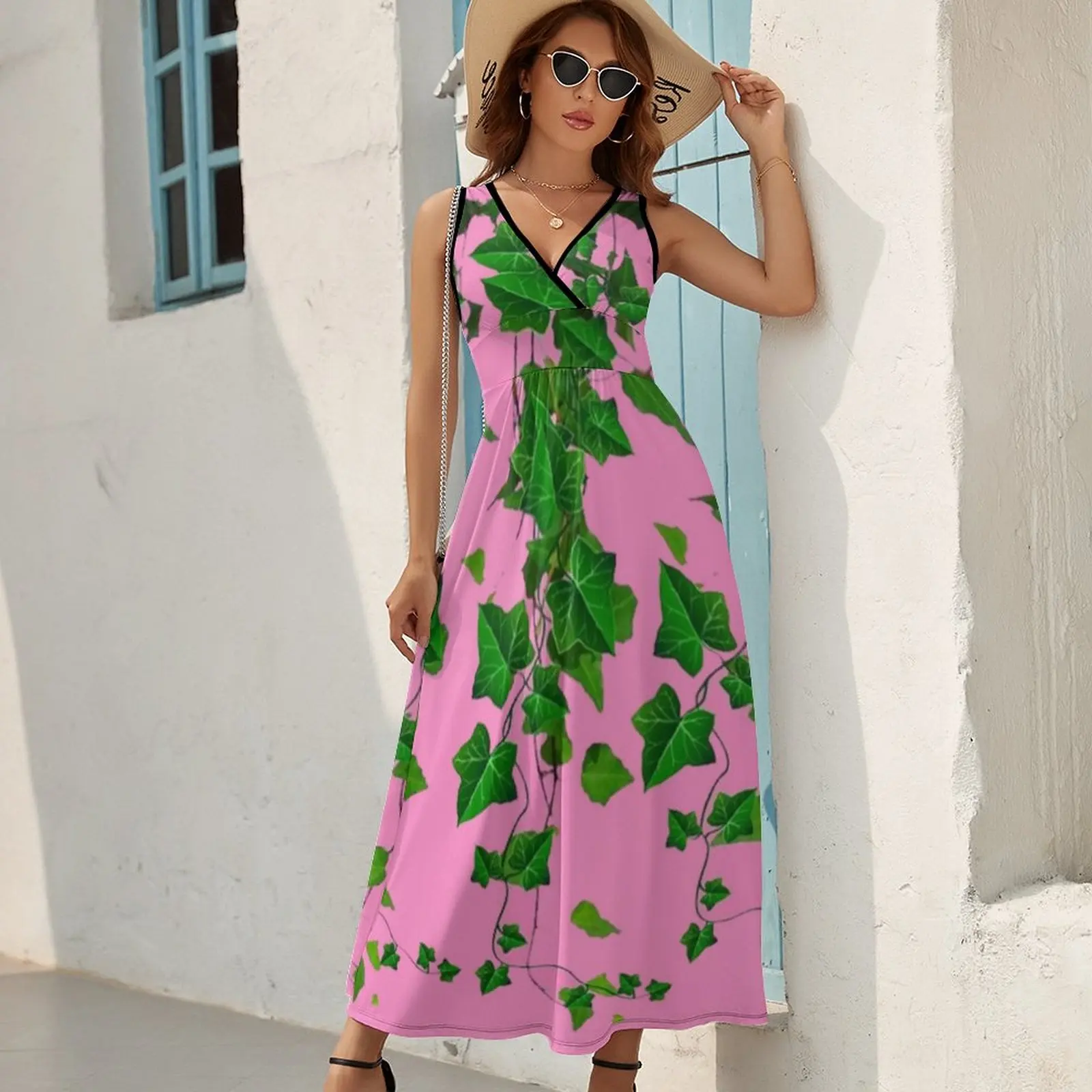 GREEN IVY HANGING LEAVES VINES PINK ART Sleeveless Dress luxury evening dresses 2023 summer dress for women 2023