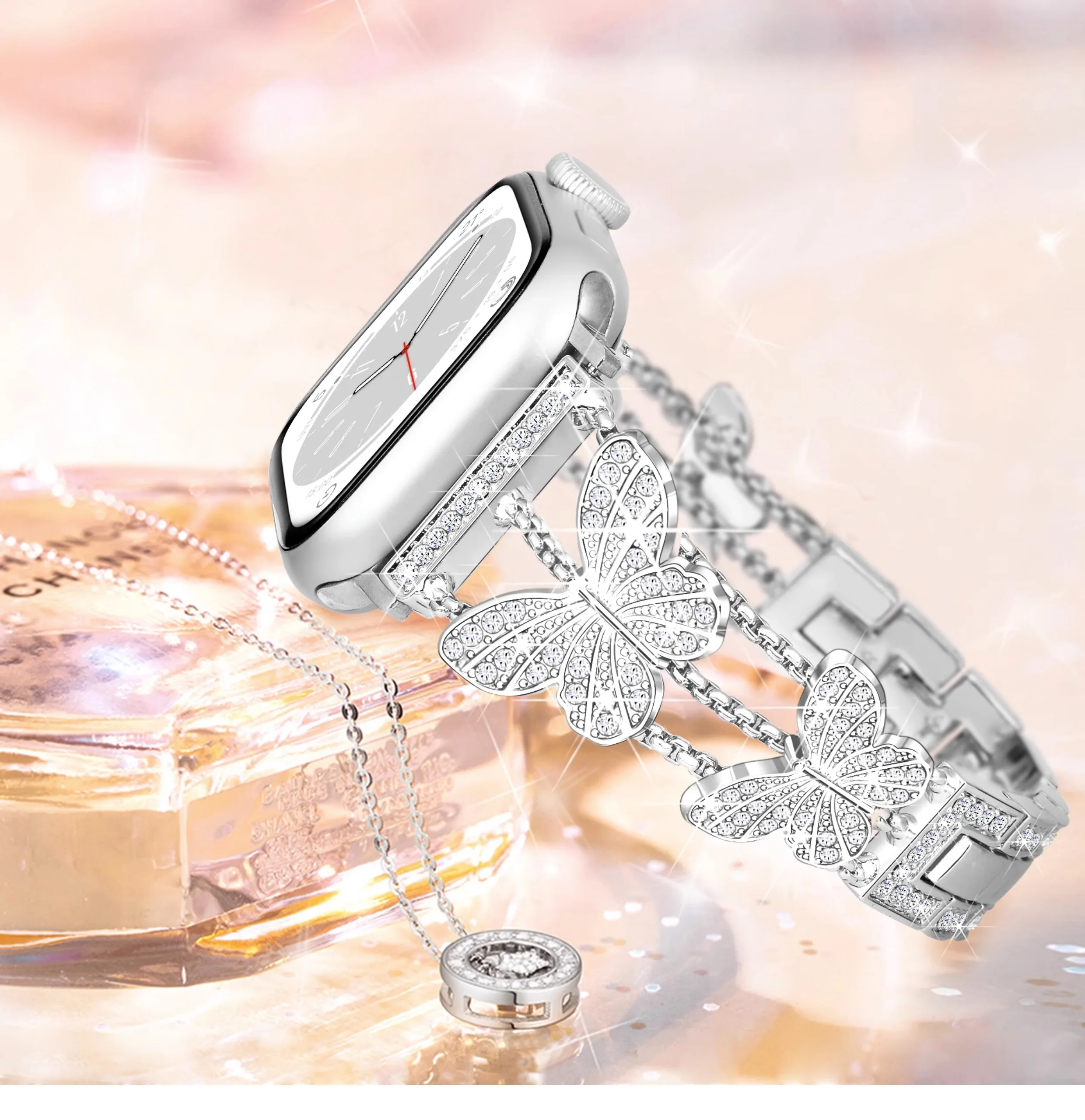 Butterfly Diamond Armband für Apple Watch 38/40/41/42/44/45/46/49mm Edelstahlarmband iWatch 12 11 10 9 SE 8 7 6 5 4