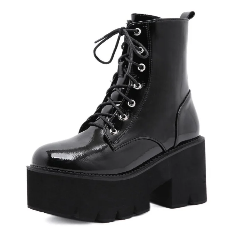 

Женские кружевные осенние ботинки, женские черные ботильоны из лакированной кожи на массивной танкетке, обувь в стиле панк, готическая обувь на шнуровке