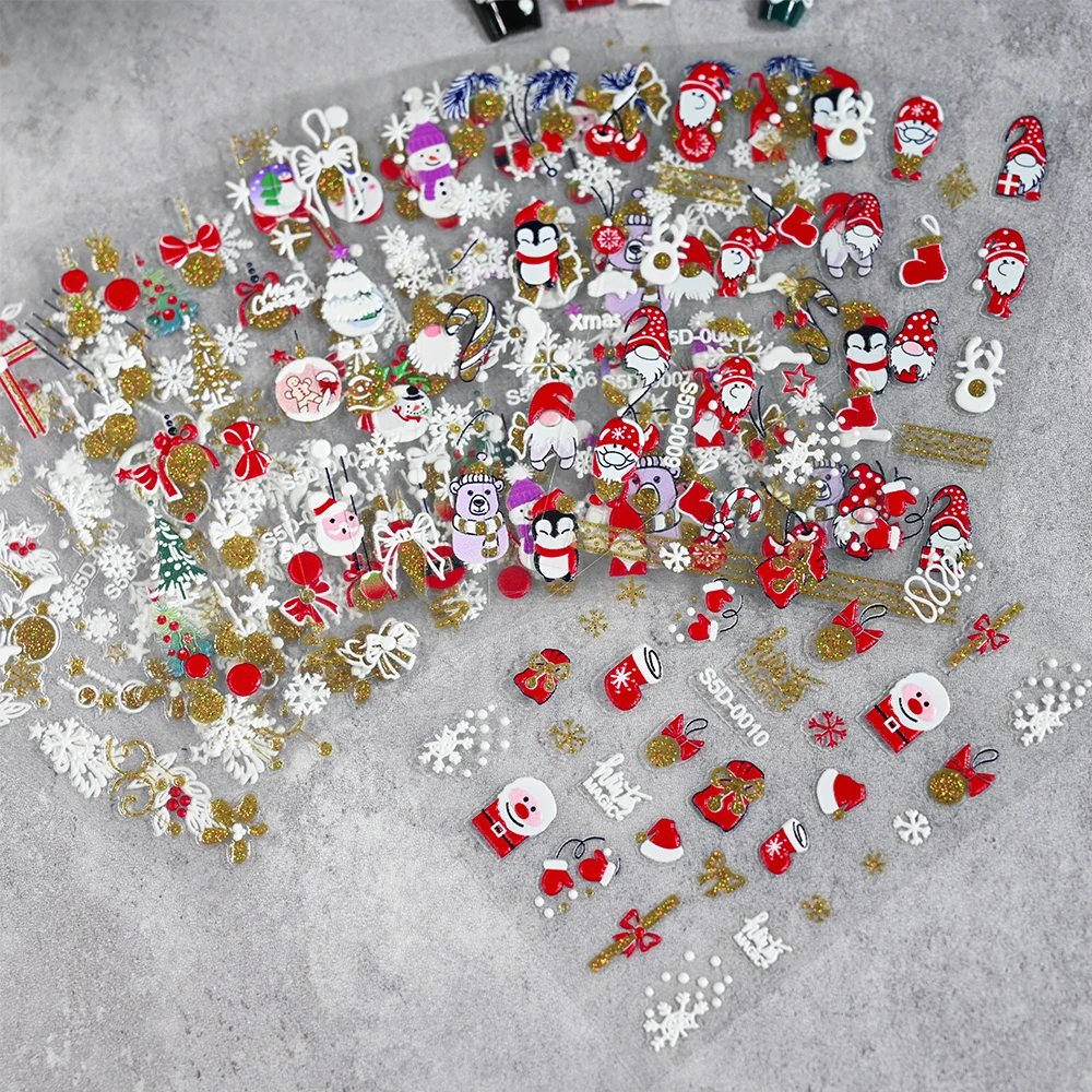 5D Gold Silver Glitter Christmas Nail Sticker Cute Cartoon Santa Claus Snowman Bowknot Nail Art Decals Christmas Tree Xmas Gifts