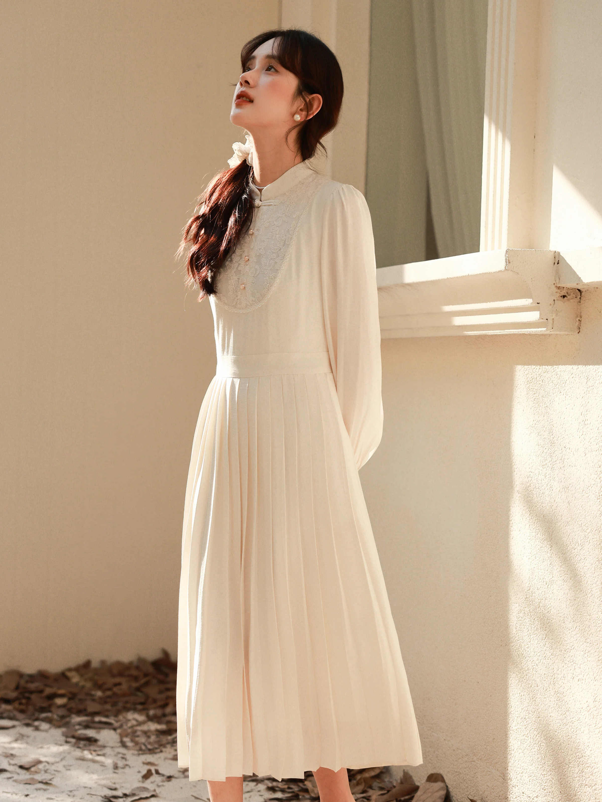 Elegant Lace Pleated Dress Vintage Chinese Style Midi Dress Long Sleeve Slim Sweet A-Line Dress for Women Spring Autumn Outfit