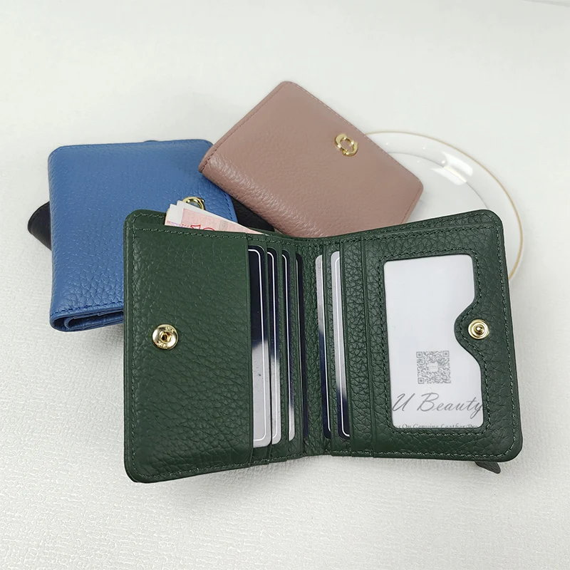 Genuine Cow Leather Cute Cat Decoration Short Wallet Women Fashion Cowhide Purse with ID Card Holders Coin Purse Card Holder