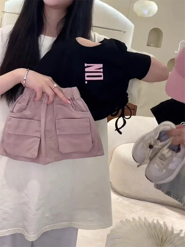 Conjunto de verão para meninas novas crianças casual solto impressão em torno do pescoço cordão manga curta camiseta + saia curta conjunto confortável