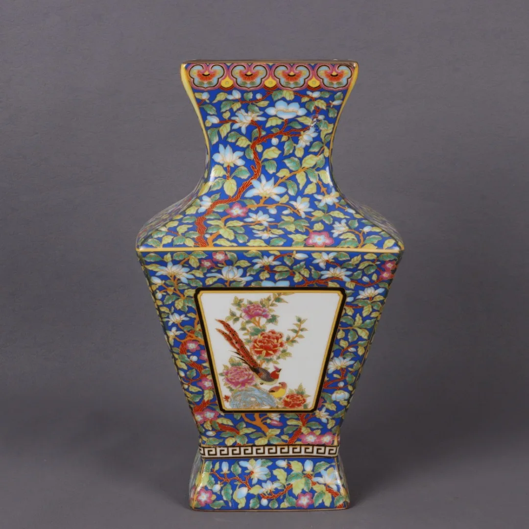 Qing Yongzheng Enamel Colored Window Opening Flower and Bird Square Bottle Antique Porcelain Decoration