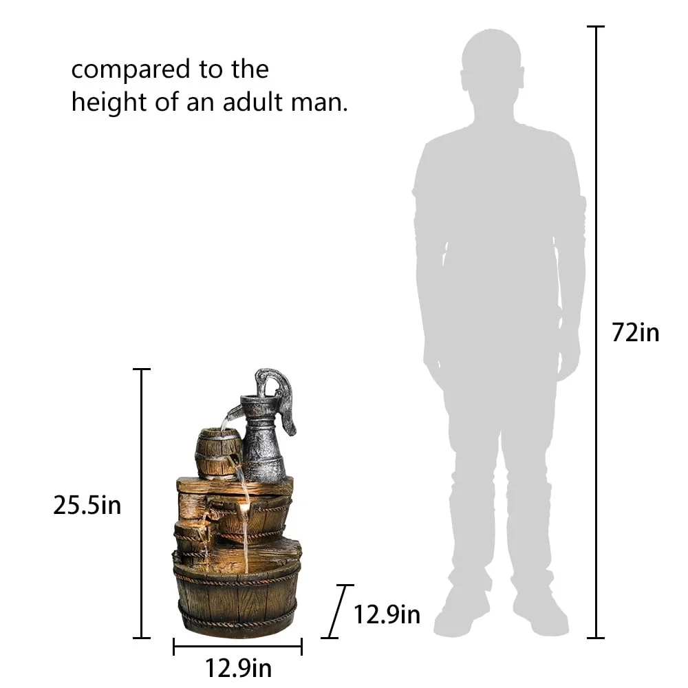 Fonte externa de barril de 5 camadas de 25,5 polegadas com luzes LED recurso de água rústica jardim pátio decoração de casa