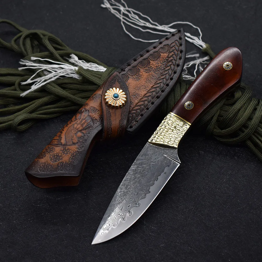 VG-10 Mini Fixed Blade Knife Damascus Steel Portable High Hardness Outdoor Rescue Camping Hunting Defensive Fruit Knife