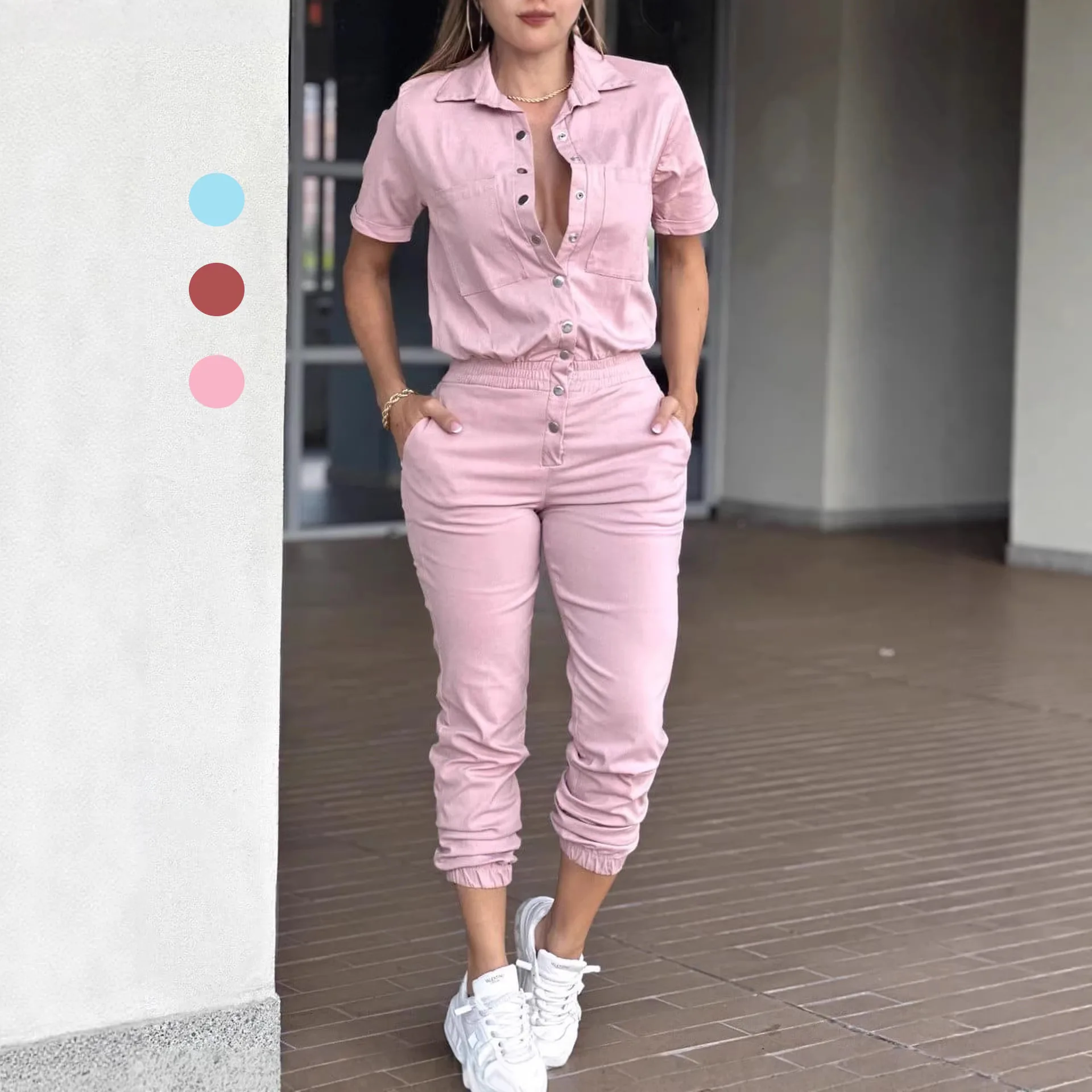 

Casual Solid Color Women's Jumpsuits Single Breasted Lapel Short Sleeves Elastic Waist Leggings Jumpsuit Lady Commuting Clothing