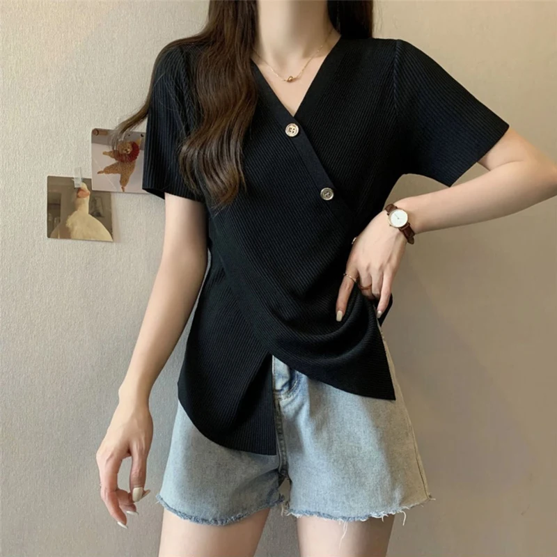 Women Korean Fashion Elegant Asymmetrical Slim Rib Knit T-shirt Summer Y2K Female Casual V Neck Short Sleeve Basic Pullover Tops