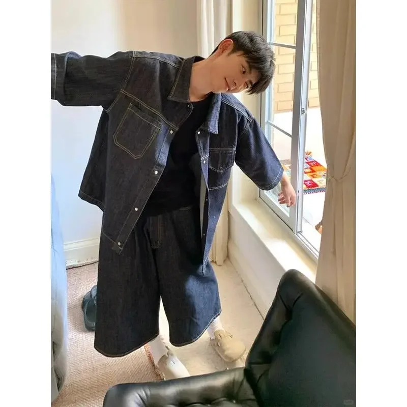 

Summer New Denim Suit Men's Street Loose Casual Short Sleeves Turn Down Collar Shirt Jacket Cropped Pants Two-piece Sets