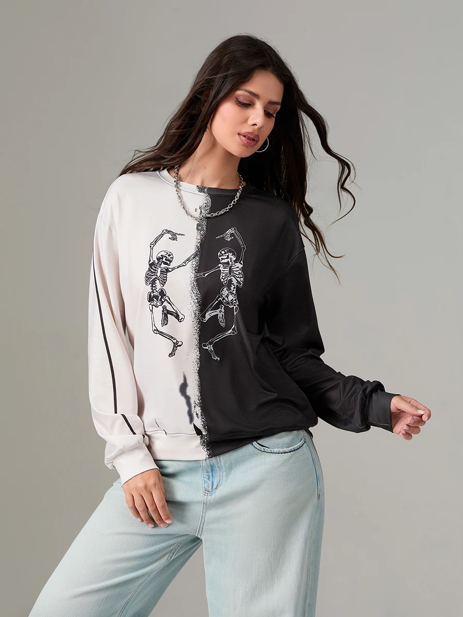 Dames skelet sweatshirt los contrast ronde hals trui met lange mouwen tops casual Halloween streetwear