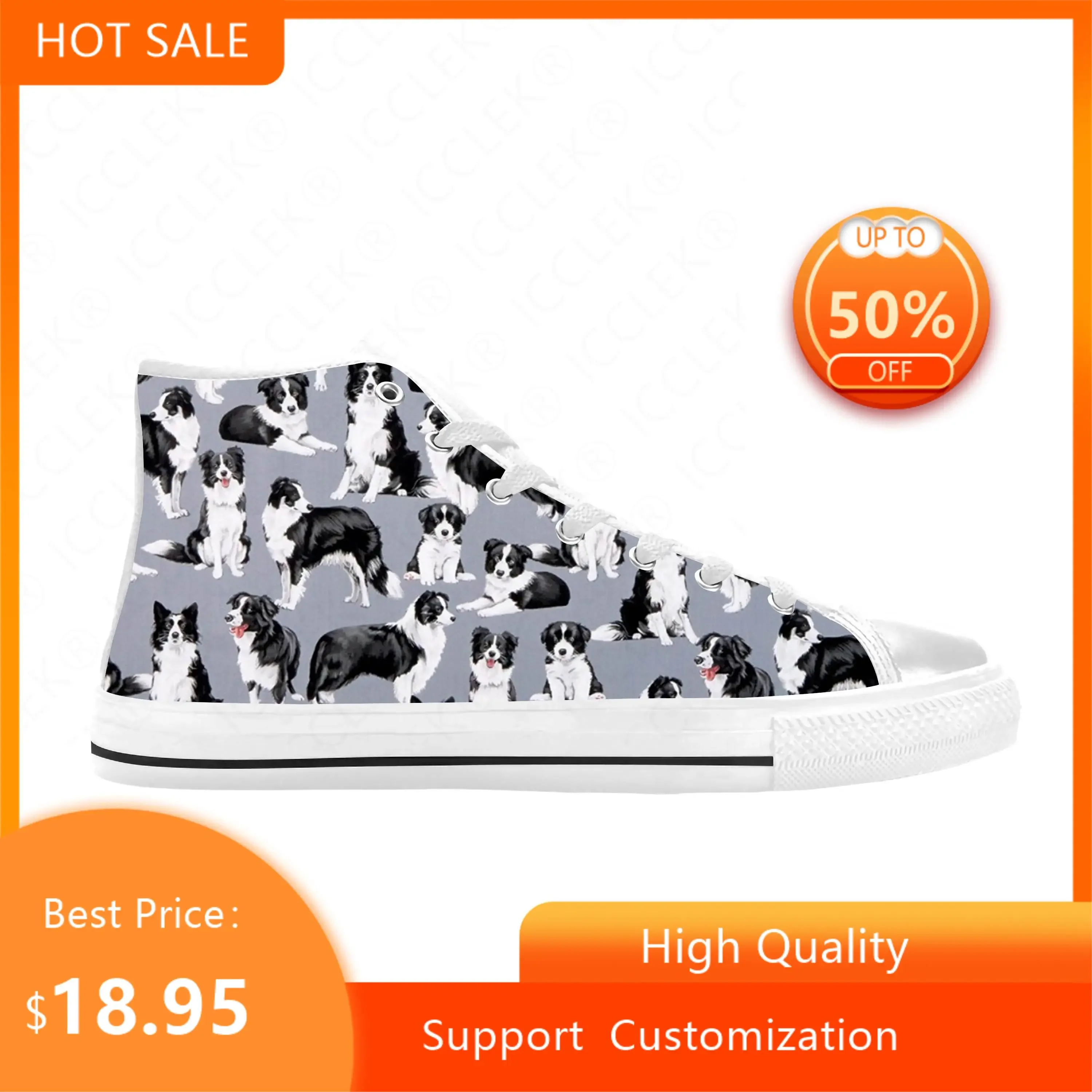 Border Collie Collies Hond Dier Patroon Cartoon Casual Doek Schoenen Hoge Top Comfortabele Ademende 3d Print Heren Dames Sneakers