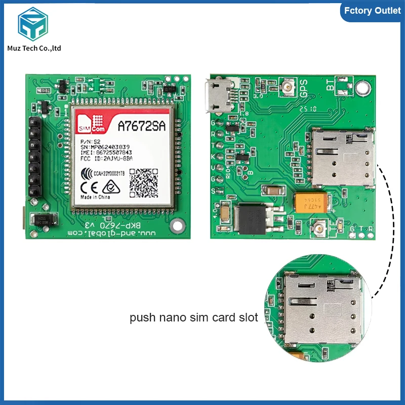 Placa de Desenvolvimento A7672SA Push Nano com Slot SIM Lateral, Kit de Breakout do Módulo SIMCOM 4G LTE Cat1 para América Latina e Austrália