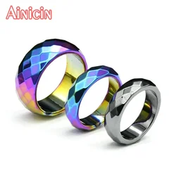 1pc High Quality Rainbow Color Titanium Plating Natural Hematite Faceted Band Rings 6mm 10mm Wide For Men and Women Jewelry