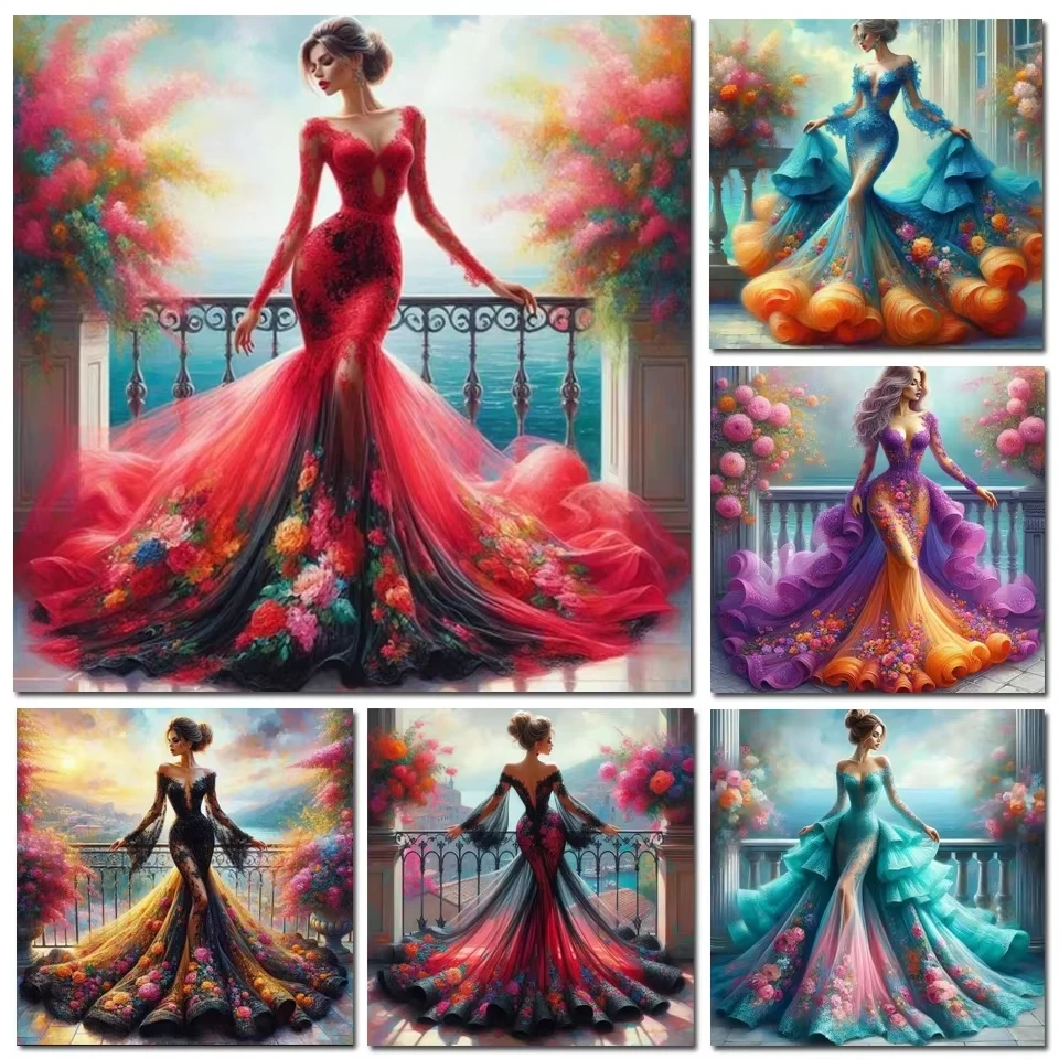 Elegant Lady Colorful Mermaid Wedding Gown Balcony Sea Floral Diamond Painting,Wall Art Picture For Living Room Home Decor