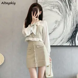 Women Sets Blouses Patchwork Ruffles Skirts Mini Button Elegant Sweet Fashion Korean Spring Simple Casual Retro Outfits Hot Sale