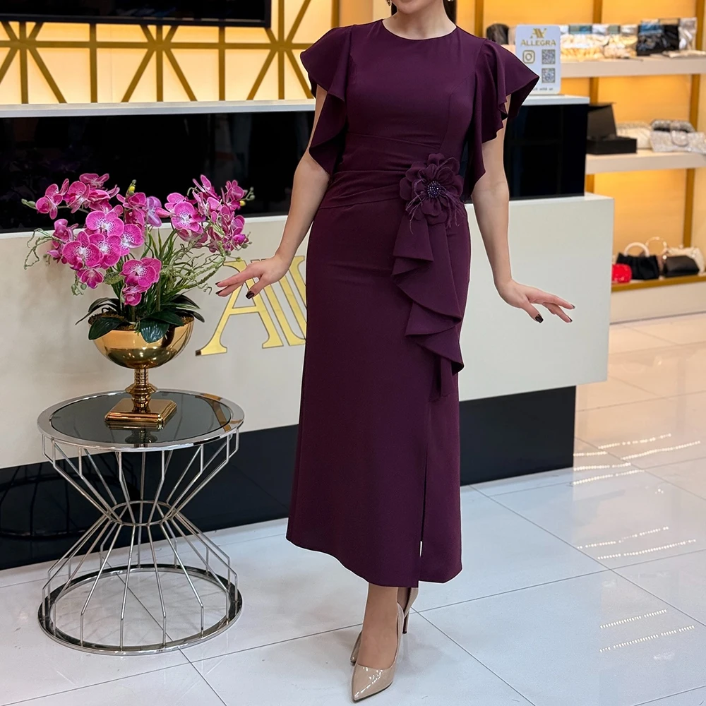 

Customized A-line Evening Dresses Tea-length O-neck Sleeveless Prom Gown Fashion Flowers Ruched Simple Draped Party Gown