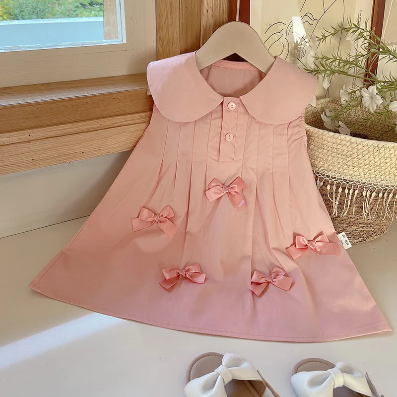 IENENS Girls Elegant Dresses 2024 New Solid Cotton Button Kids Dresses Summer Princess Party Dress Toddler Girl Sundress Clothes