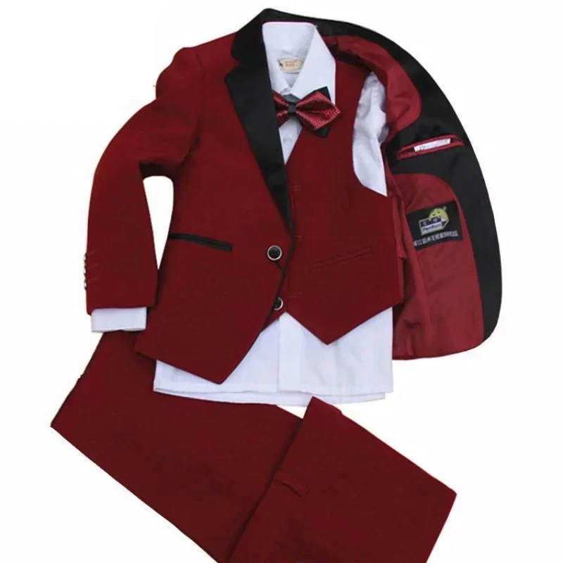 Children\'s Boy Suit Red Suit  In Spring And Autumn wedding set including 4 Pieces jacket +vest +pants+bow tie size 2-12 years