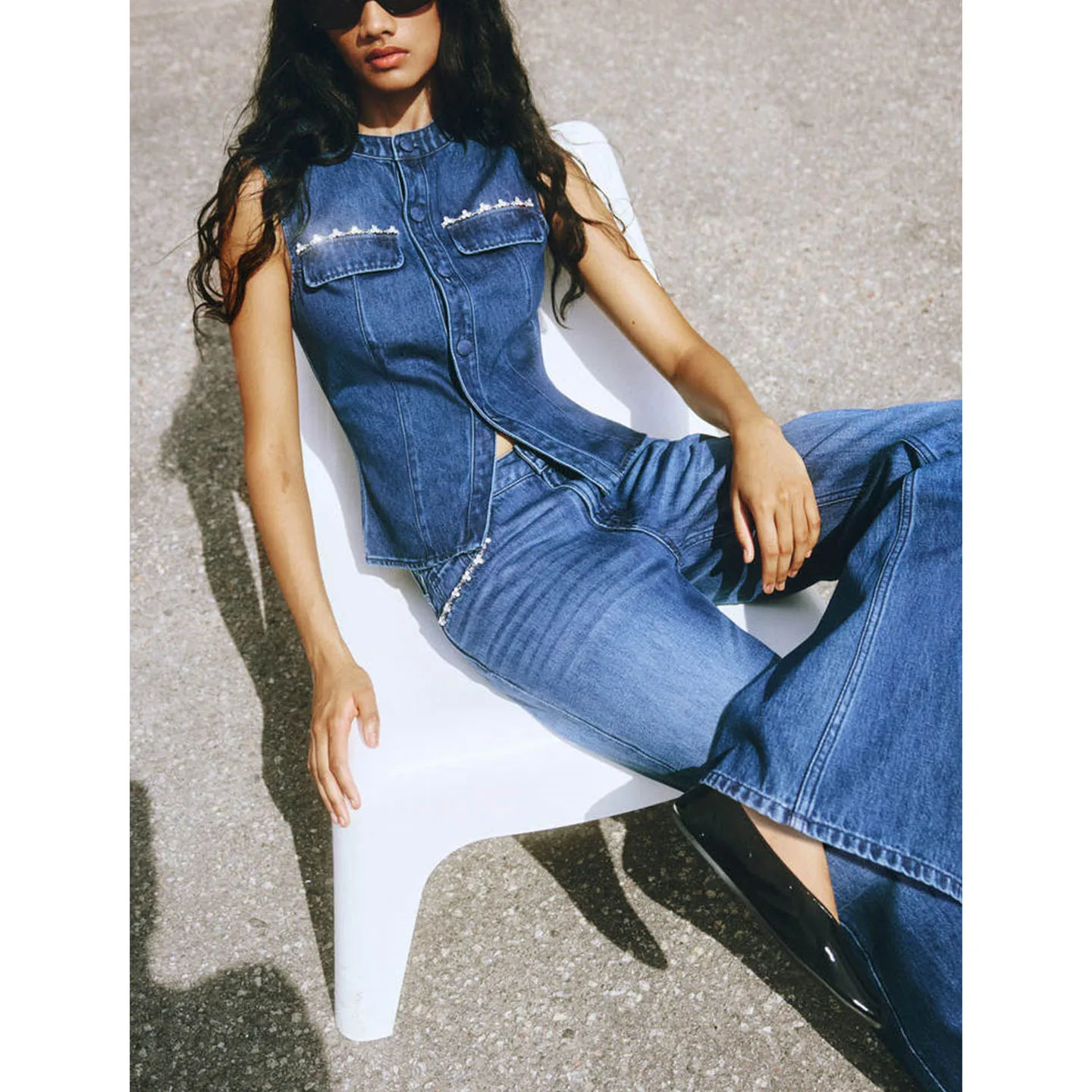 Autunno Nuovo tappetino da donna Fit rotondo Ne Svel Bell Bot Gilet di jeans Design originale Fibra di poliestere Bottone singolo Cl...